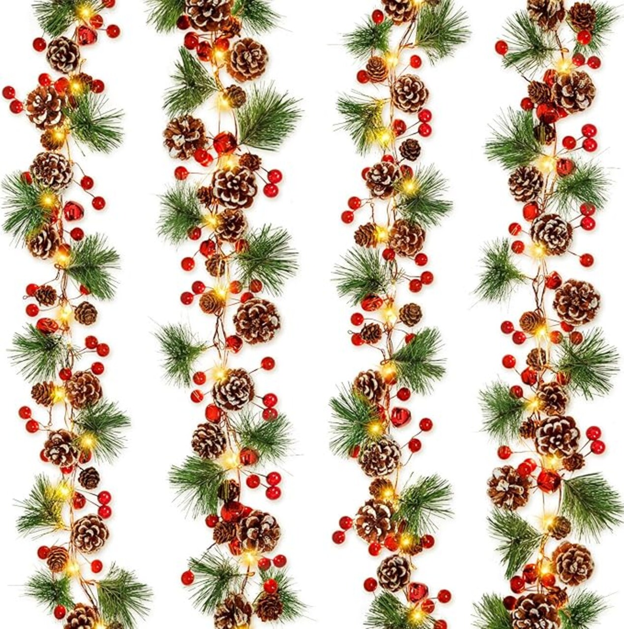 Total 13.2 Ft 40 Led Lighted Christmas Garland Battery Operated with Red Berry Bells Pine Needles for Home Fireplace Mantel Lighted Garland Decor